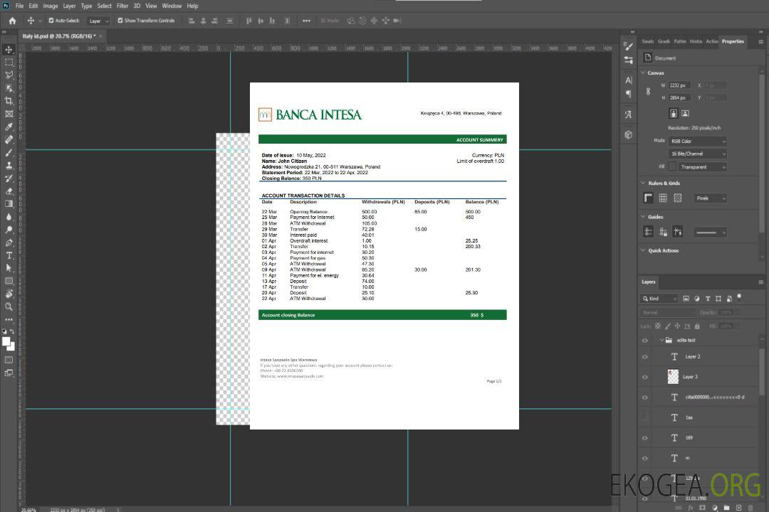 Relevé bancaire de la Banca Intesa en Pologne template Relevé bancaire de la Banca Intesa en Pologne template